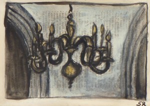 MICHAELHOUSE INTERIOR WITH CHANDELIER & ARCHES pastel,ink on paper