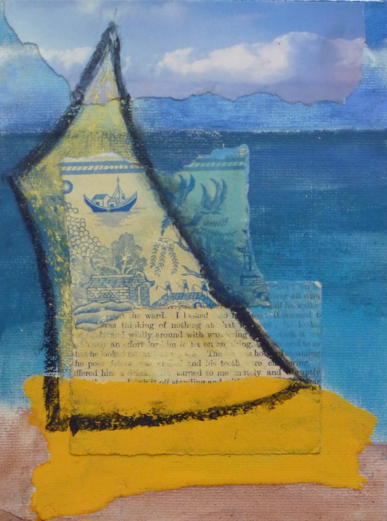 VOYAGE collage,pastel, acrylic, Hammerite on paper