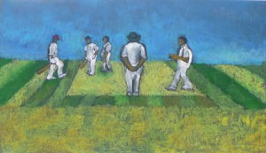 VILLAGE MATCH charcoal, oil pastel, Hammerite on wood 