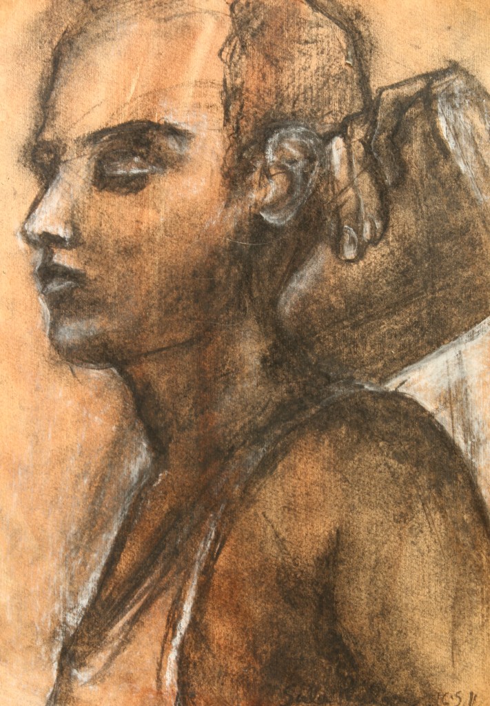 CRICKETER charcoal & pastel on paper 40 x 29 cm