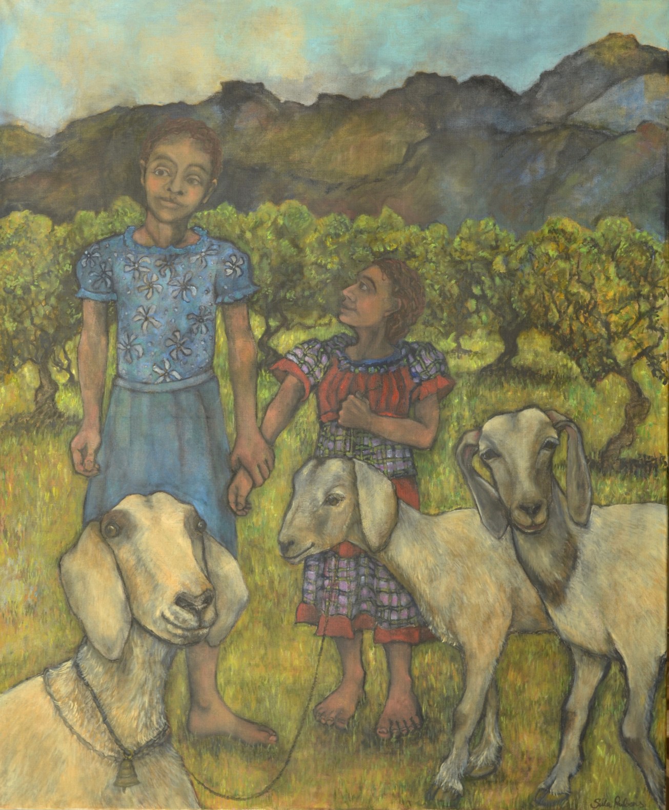Kin - Three Goats &amp; Two Girls Oil on canvas 129.3 x 106.5 cm