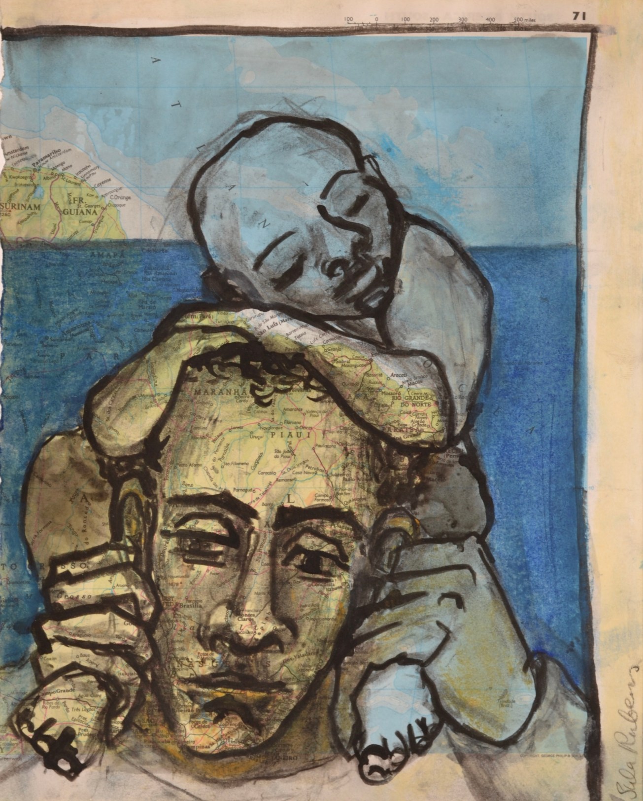 Kin Study (Man with sleeping Child) Charcoal, ink &amp; pastel on paper 24 x 19 cm